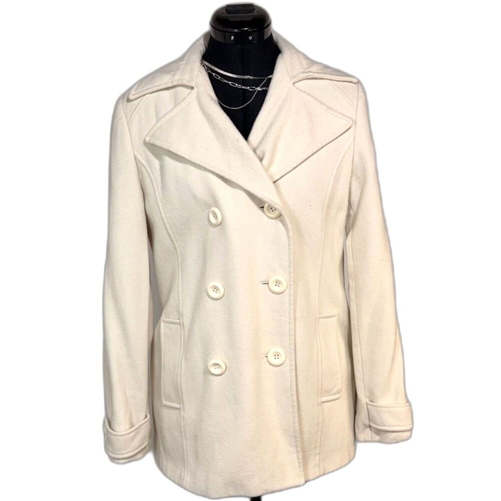 New York & Company Cream Wool Blend Double Breasted Peacoat